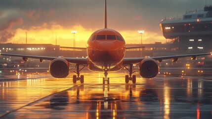 Airplane sits on wet tarmac against sunrise, with buildings in the background and bright reflections