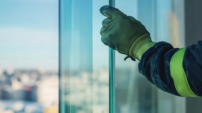 Window installer fitting a large glass panel. Featuring precision and safety