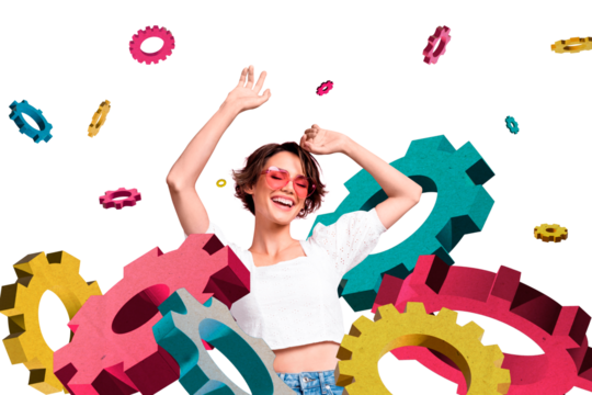 Composite photo collage of happy dreamy girl dance pile gearwheel mechanisms process sunglass closed eyes isolated on painted background