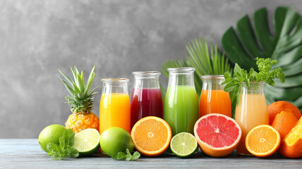Fresh juices glass bottles are beautifully arranged with vibrant fruits like oranges, limes, and pineapples, creating colorful and refreshing display. tropical setting evokes sense of wellness