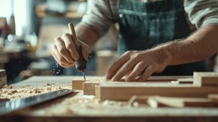 Carpenter assembling furniture parts at a workshop. Featuring craftsmanship and precision