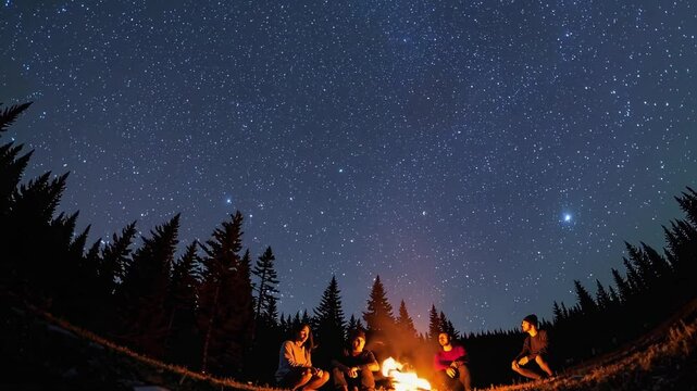 Group of people relaxing around a campfire in a nighttime forest under a starry sky. Warm firelight illuminates their faces as they enjoy nature, storytelling, and peaceful moments in the wilderness.