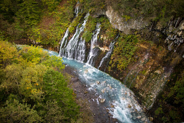 Autumn scenery of Shirogane Falls in Asahikawa, Hokkaido, Japan