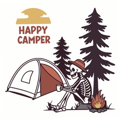 Happy Camper Skeleton Enjoying Coffee Camping In Nature At Night Illustration