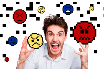 Composite photo collage of irritated angry young man crazy gesture bad negative emoticons smiley circle isolated on painted background