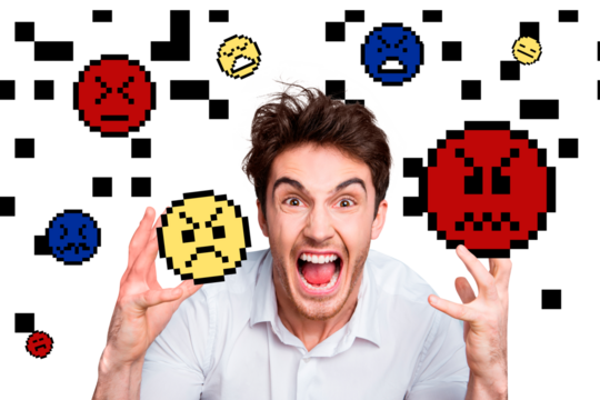 Composite photo collage of irritated angry young man crazy gesture bad negative emoticons smiley circle isolated on painted background