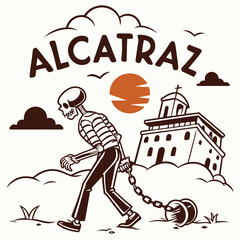 Alcatraz Illustration Features Chained Skeleton And Historic Prison Building