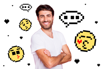 Composite photo collage of happy young man blogger smile emoticons smiley heart love kiss comment isolated on painted background