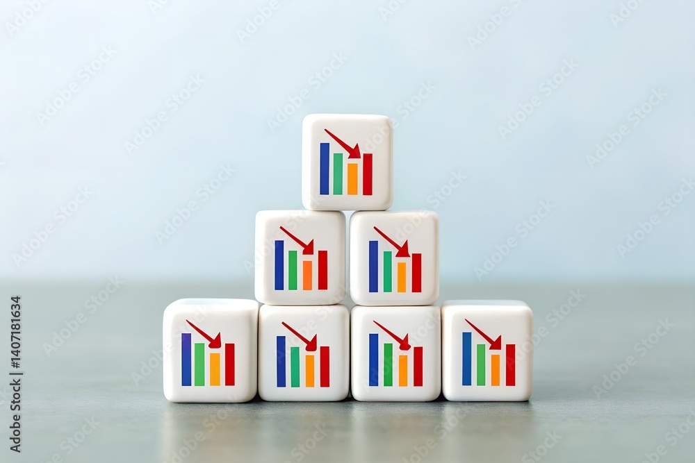 Poster declining bar graph on white cube pyramid