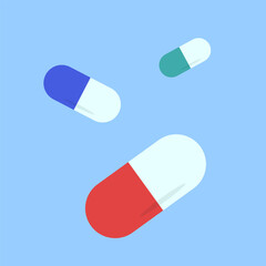 Red, blue and green pills floating in a blue background