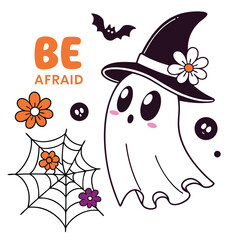 Cute Halloween Ghost With Witch Hat Cartoon Character Design Illustration