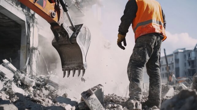 Demolition specialist operating a hydraulic breaker on reinforced concrete. Featuring controlled power and precision