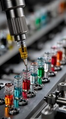 Automated Liquid Handling: A close-up shot of a robotic arm precisely dispensing liquid into a series of small vials.