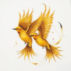 Obraz premium Two Golden Birds in Flight Artistic Watercolor Painting of Avian Beauty