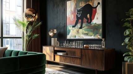 Luxury apartment, panther painting, city view, modern furniture, interior design