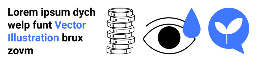 Stacked coins, eye with water droplet, and a speech bubble with a leaf represent financial growth, awareness, sustainability, and eco-friendly ideals. Ideal for finance, environment, savings