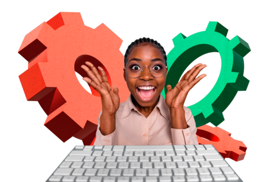 Composite photo collage of happy astonished girl office tool keyboard optimization gears settings process isolated on painted background