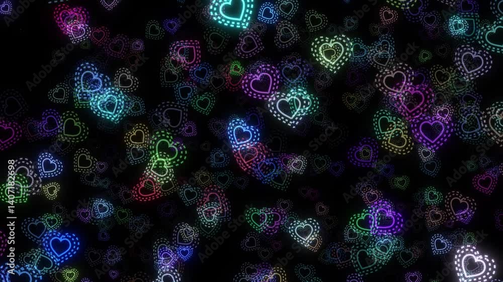 Poster random heart shape flying animation. abstract digital heart symbol floating left to right, awards sh