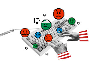 Composite photo collage of hands type hate message offender cyberbully emoticons retro smiley...