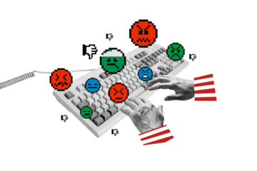 Composite photo collage of hands type hate message offender cyberbully emoticons retro smiley social media isolated on painted background