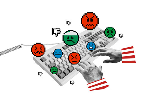 Composite photo collage of hands type hate message offender cyberbully emoticons retro smiley social media isolated on painted background