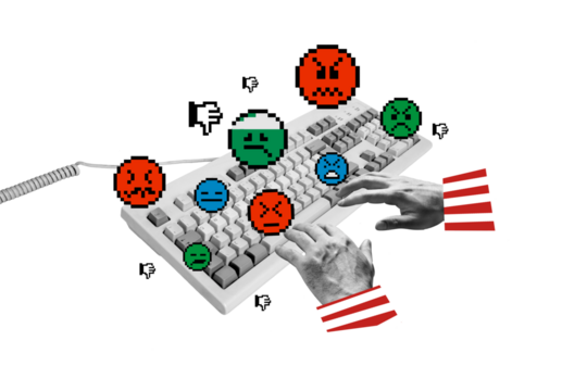 Composite photo collage of hands type hate message offender cyberbully emoticons retro smiley social media isolated on painted background