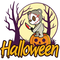 Creepy Halloween Teddy Bear Character With Knife Sitting On Jack O Lantern