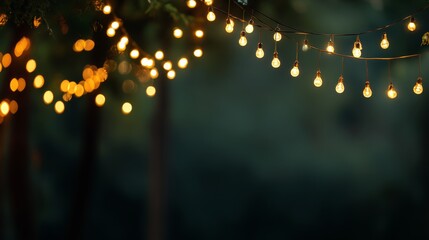 Outdoor string lights hanging in backyard with green bokeh background, festive warm glowing bulbs creating cozy party atmosphere with copy space for summer or evening celebration concepts