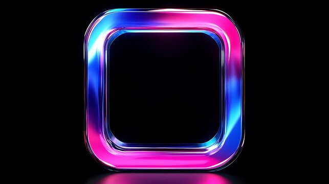 Abstract square rectangle picture frame with vibrant blue and pink neon light motion effect isolated on black background empty copy space in the middle 3D design