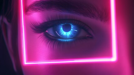 Futuristic square rectangle picture frame glowing with two tone blue and pink neon motion on dark backdrop empty center for text or design 3D rendering