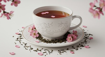 Aromatic Teacup with Delicate Pink Blossoms and Loose Leaf Tea