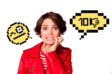 Composite photo collage of stressed panic girl bite finger unpopular dislike hate abuse unfollow smiley isolated on painted background