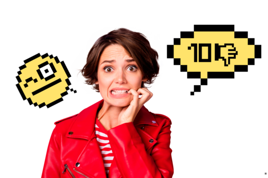 Composite photo collage of stressed panic girl bite finger unpopular dislike hate abuse unfollow smiley isolated on painted background