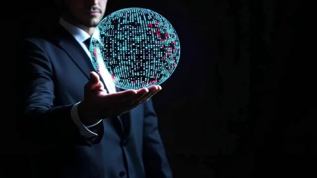 Businessman holding a virtual holographic sphere made of binary code on a dark background, code lines, code flow, flowchart programming, data flow, Code Visualization, digital innovation