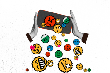 Composite photo collage of hands hold iphone device screen emotions smiley social network media isolated on painted background