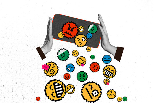 Composite photo collage of hands hold iphone device screen emotions smiley social network media isolated on painted background