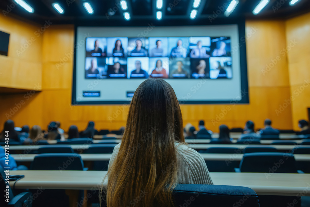 Poster university student attending online lecture streamed live in classroom with other students, watching