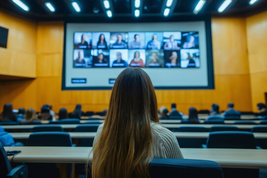 University student attending online lecture streamed live in classroom with other students, watching multiple teachers on a large screen