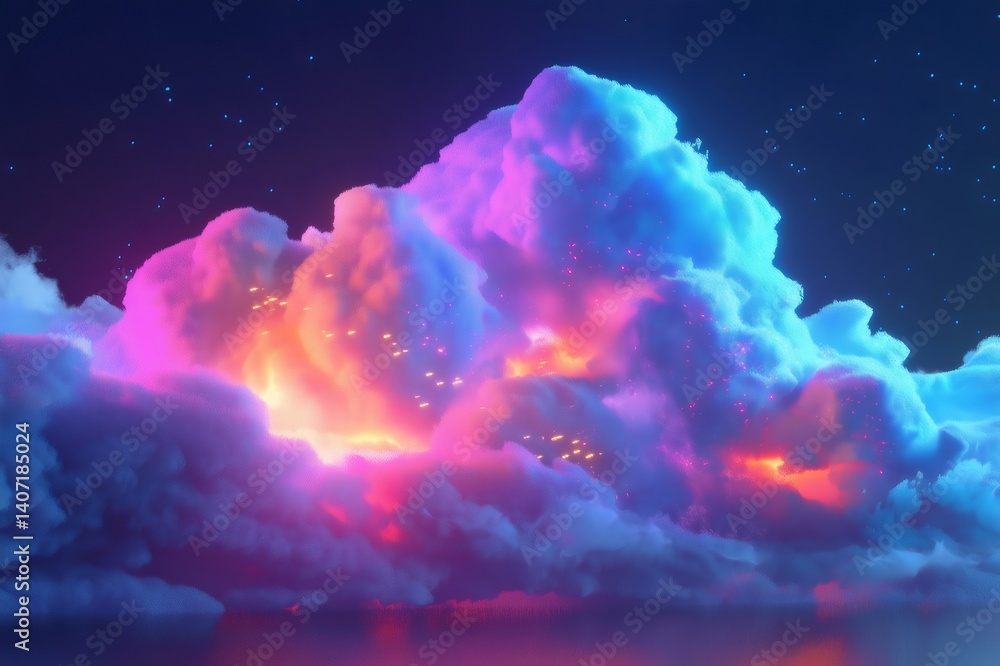 Poster colorful cloudscape with big data clusters forming in the night sky, creating a vibrant and surreal 