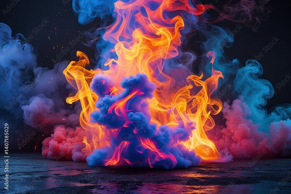 Poster vibrant colorful blaze background with swirling smoke effects and dynamic color patterns