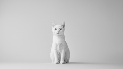 White cat is sitting on a white background. The cat's eyes are wide open, giving it a curious and alert appearance . Copy space .