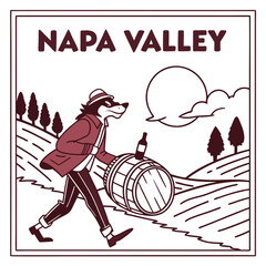 Napa Valley Cartoon Illustration Featuring Badger With Wine Barrel And Bottle