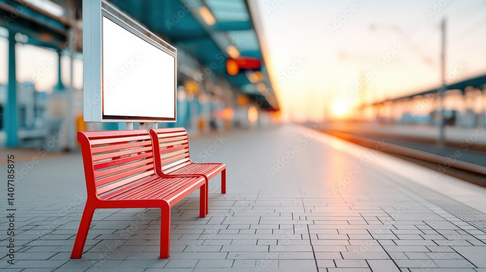 Poster a modern bus stop with red benches, an empty platform, and a bright sunset in the background, creati