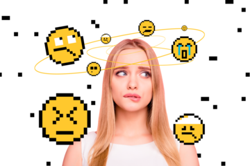 Composite photo collage of sad depressed blonde girl melancholy stress problem smiley emotions retro isolated on painted background