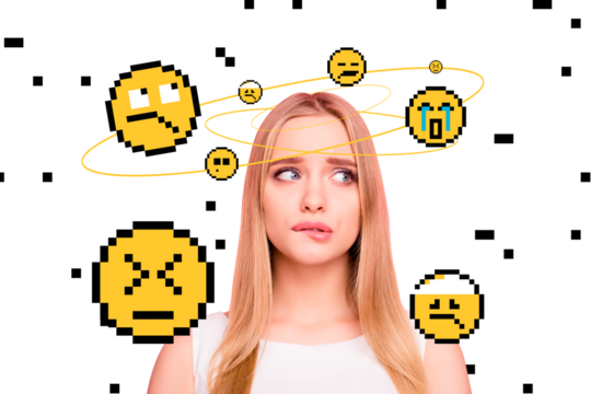 Composite photo collage of sad depressed blonde girl melancholy stress problem smiley emotions retro isolated on painted background
