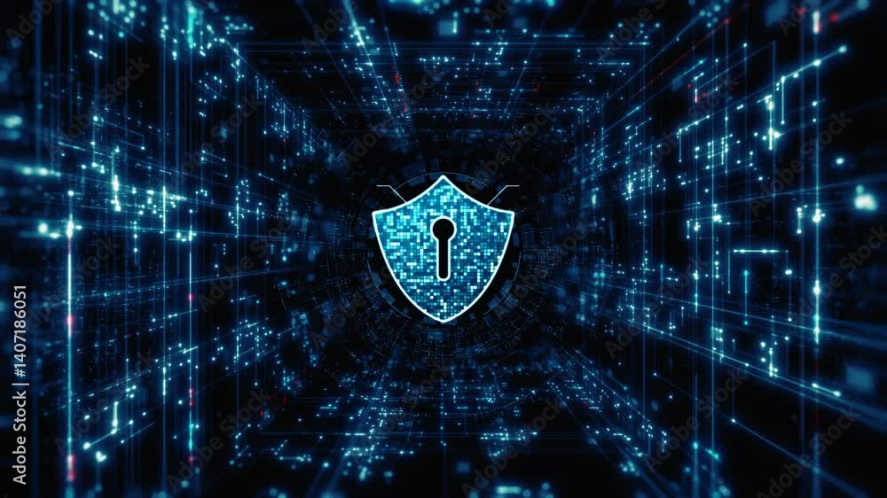 Aufkleber Digital cybersecurity shield with data icons and network analytics in a virtual environment represents secure data protection and IT security systems. Technology data digital network background