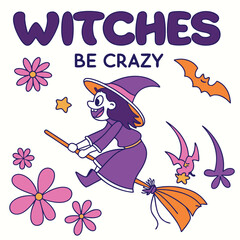Cartoon Witch Flying Broom Halloween Retro Style Design Elements Isolated Vector