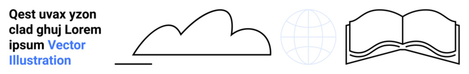 Outline cloud, globe, and open book highlighting global information exchange, learning, networking, communication. Ideal for education, technology, connectivity collaboration global access simple