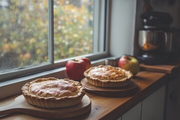 Two warm apple pies sit on a windowsill, bathed in autumnal light.