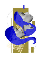 Vertical photo collage of serious girls haircare salon procedure keratin coloring blue mask stylist...